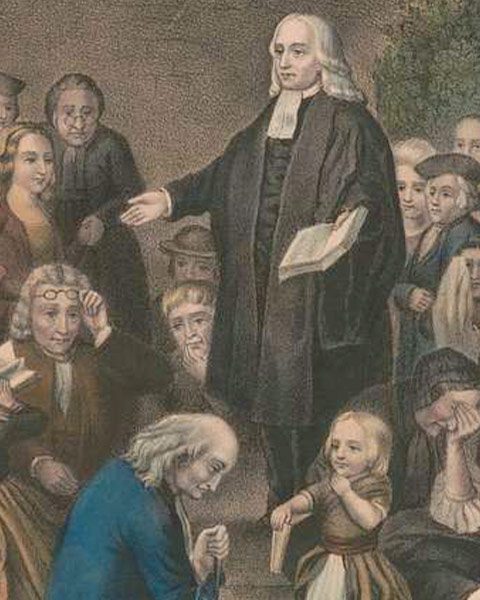 John Wesley prêchant aux funérailles de son père, gravure de 1742